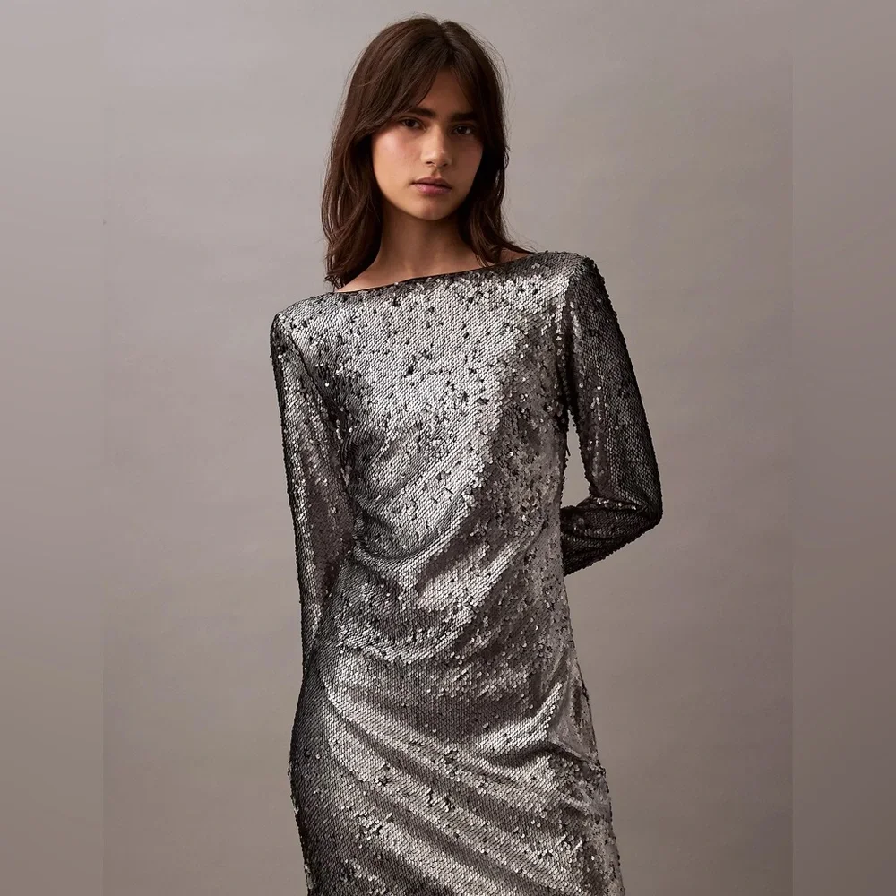 Calvin Klein Silver Sequin Midi Dress - Picture 3 of 12